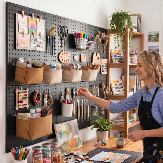 6 Pack Metal Pegboard Panels with 50 Hooks(Black)