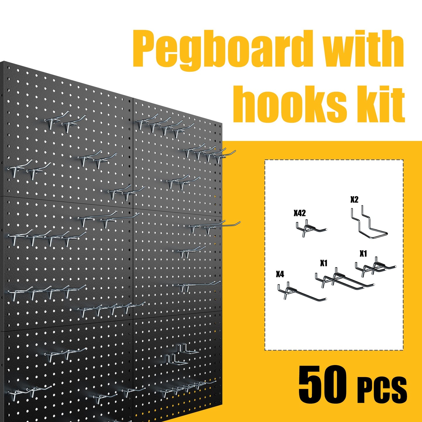 6 Pack Metal Pegboard Panels with 50 Hooks