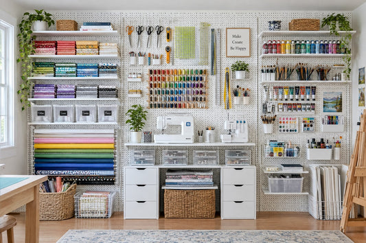 `A full fixed pegboard wall covering an entire craft room with shelves and fabric organizers`