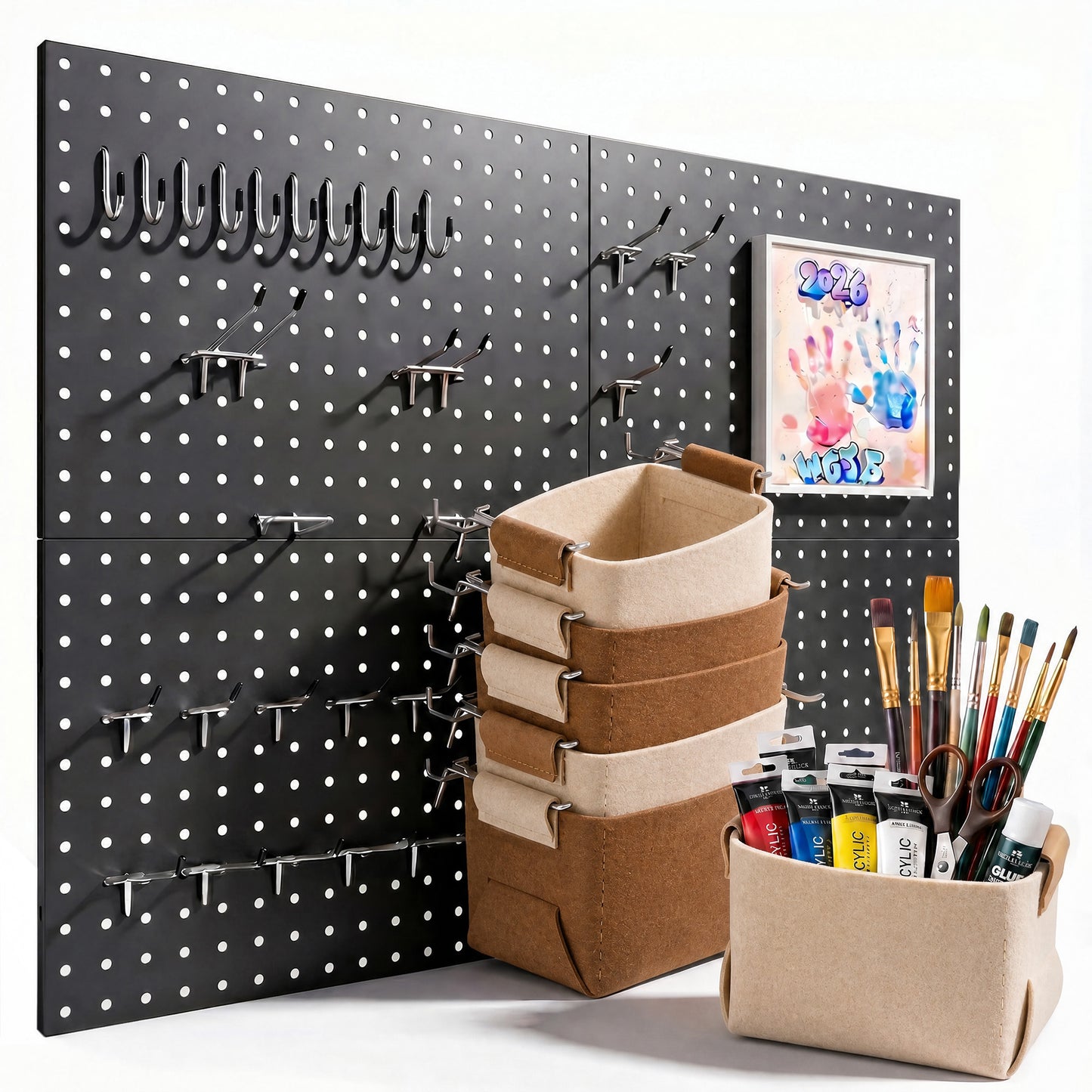 4 Pack Metal Pegboard Panels with 50 Hooks（Black）