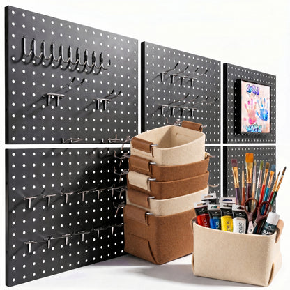 Amoowis Peg Board, 6 Pack Metal Pegboard Wall Organizer with Accessories(Black)