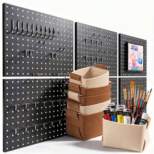 6 Pack Metal Pegboard Panels with 50 Hooks（Black）