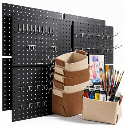 Amoowis Peg Board, 8 Pack Metal Pegboard Wall Organizer with Accessories(Black)