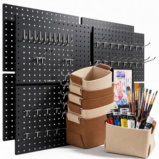 8 Pack Metal Pegboard Panels with 50 Hooks（Black）
