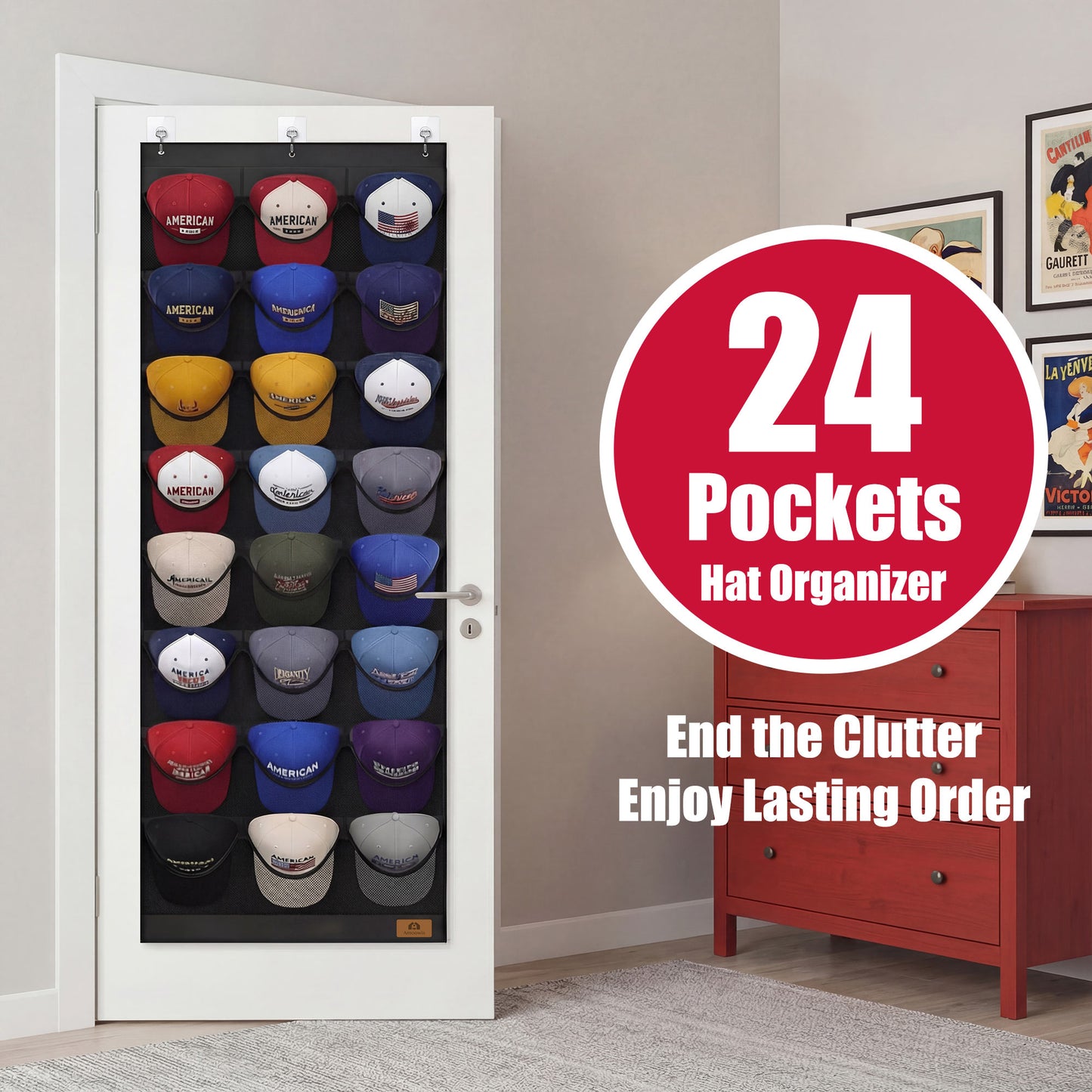 Hat Organizer for Baseball Caps, 24 Deep Pockets Hat Rack