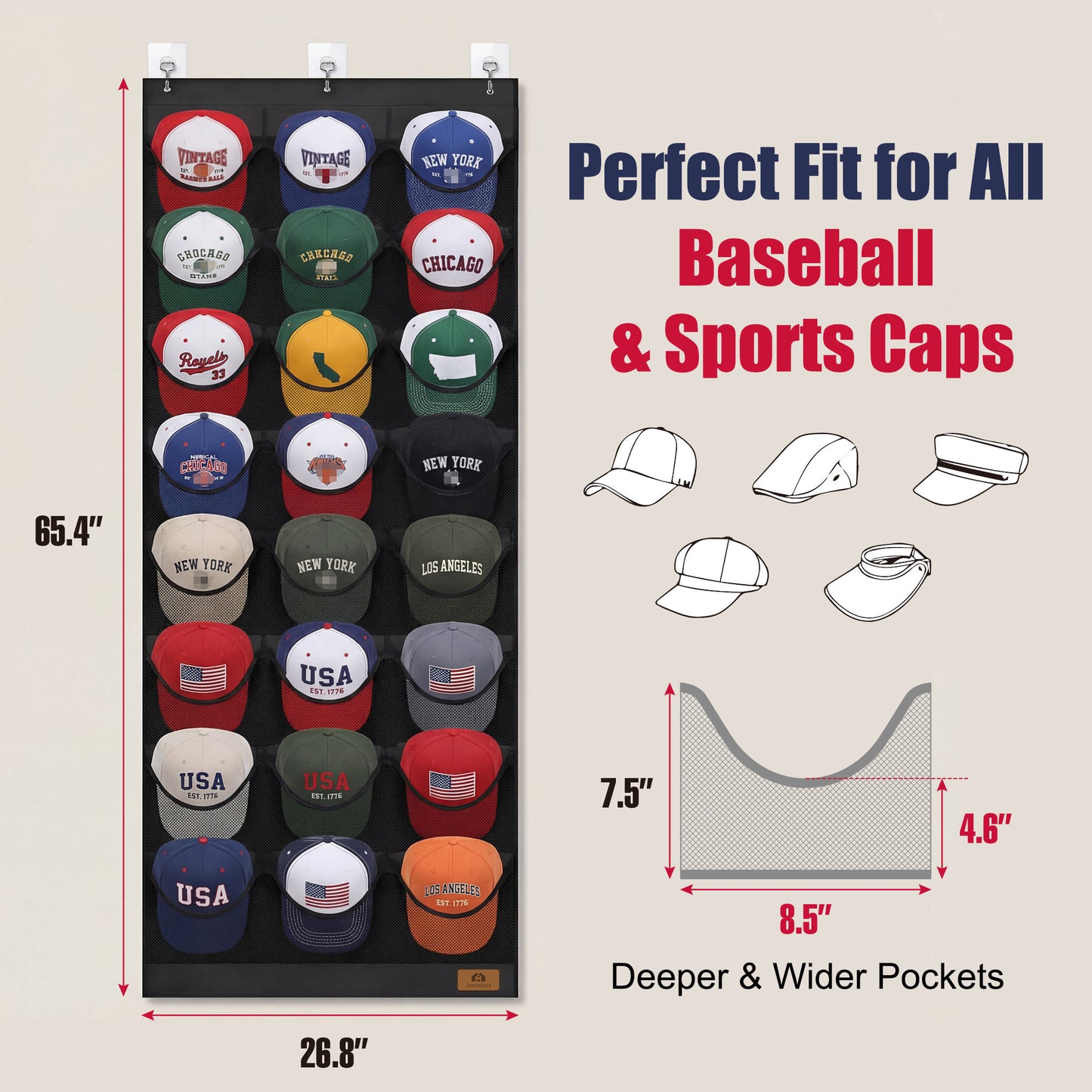 Hat Organizer for Baseball Caps, 24 Deep Pockets Hat Rack