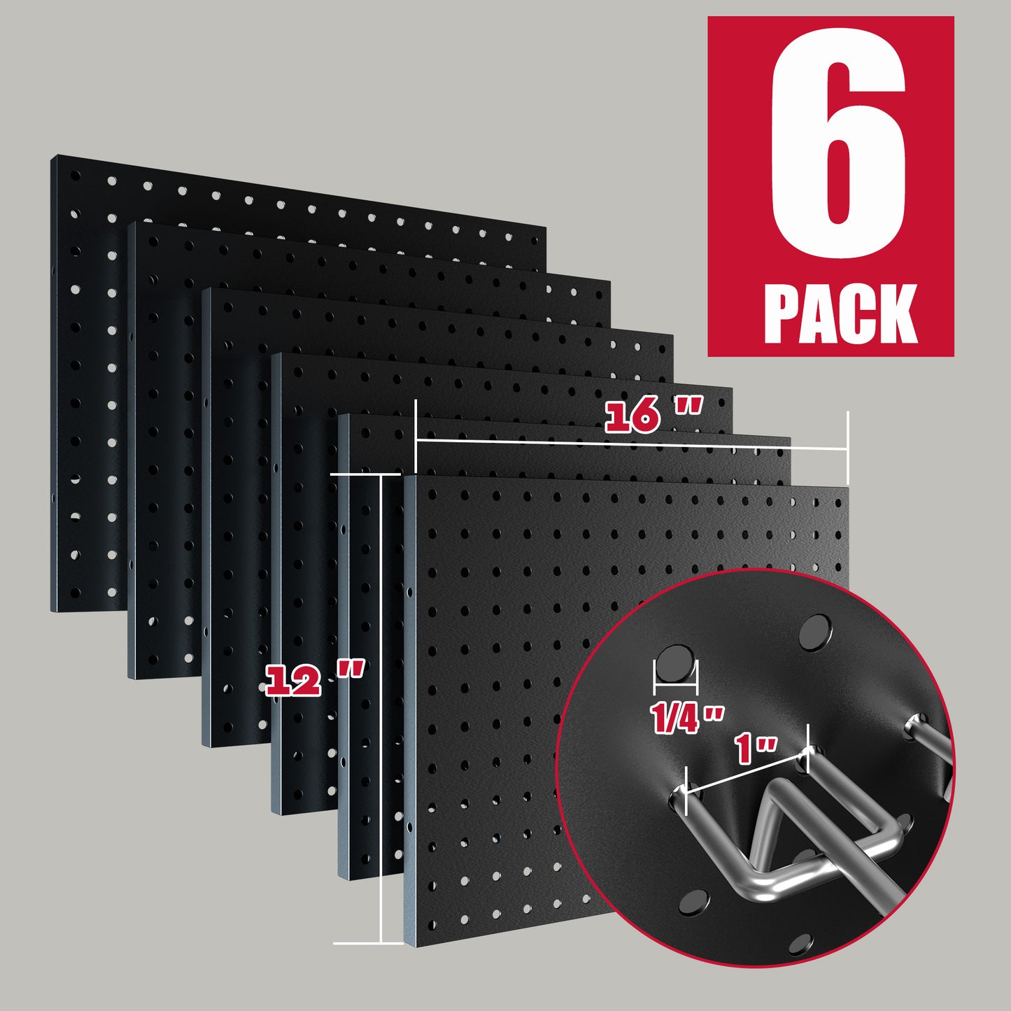 6 Pack Metal Pegboard Panels with 50 Hooks（Black）