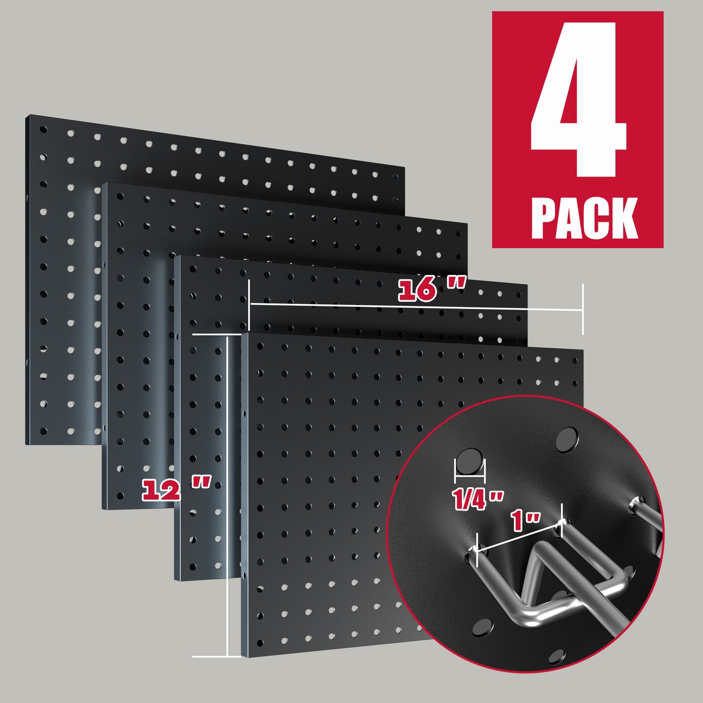 4 Pack Metal Pegboard Panels with 50 Hooks（Black）