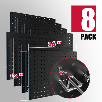 Amoowis Peg Board, 8 Pack Metal Pegboard Wall Organizer with Accessories(Black)
