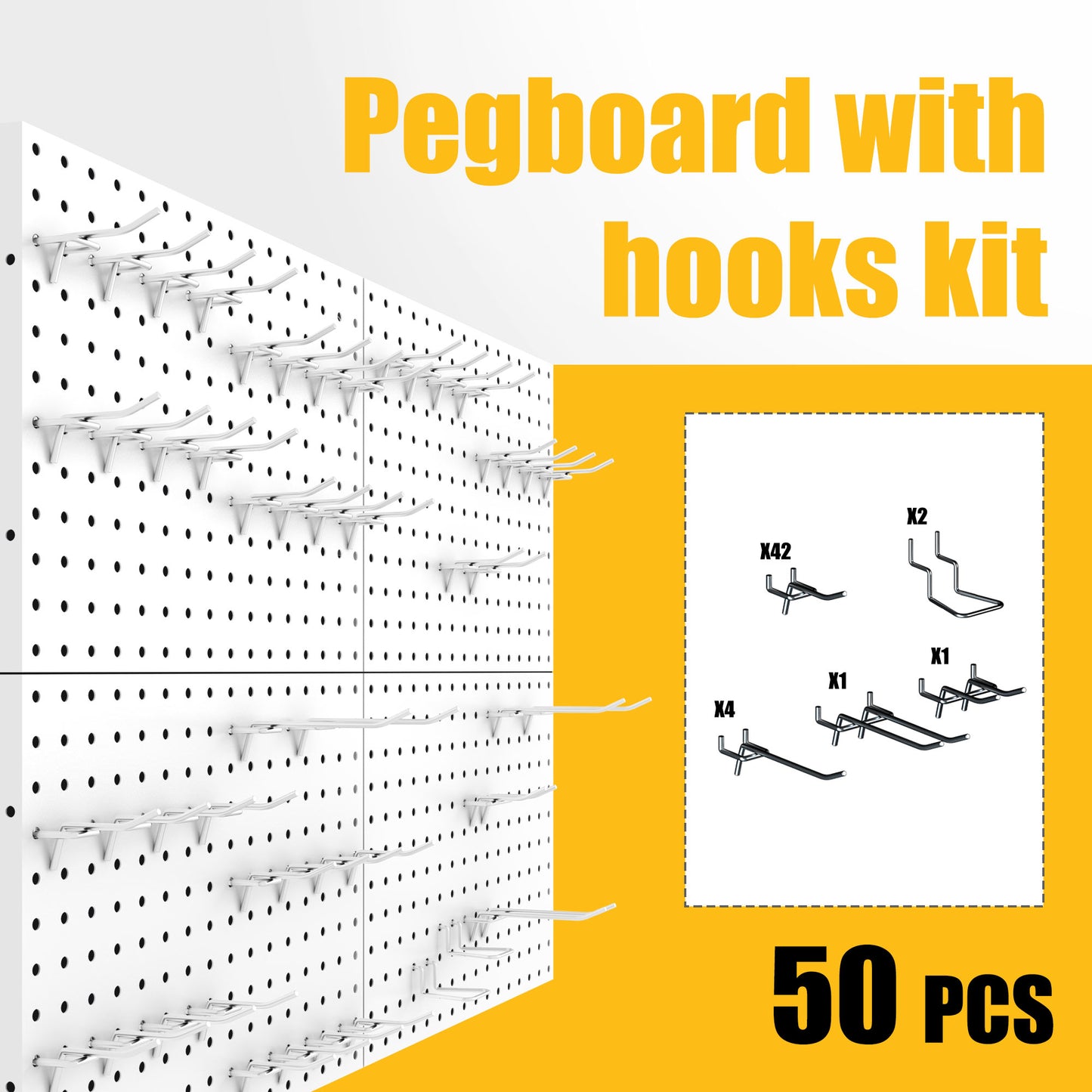 4Pack Metal Pegboard Panels with 50 Hooks
