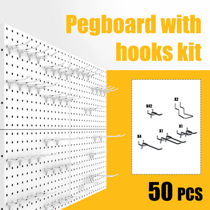 Amoowis Peg Board, 4 Pack White Metal Pegboard Panels with 50 Hooks