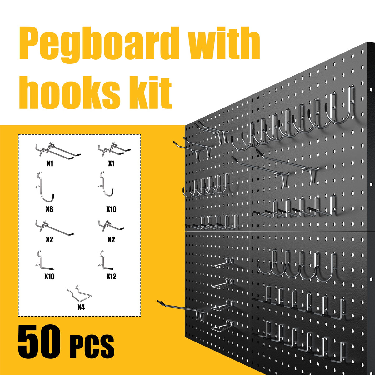 Amoowis 4 Pack Black Metal Pegboard Panels with 50 Hooks