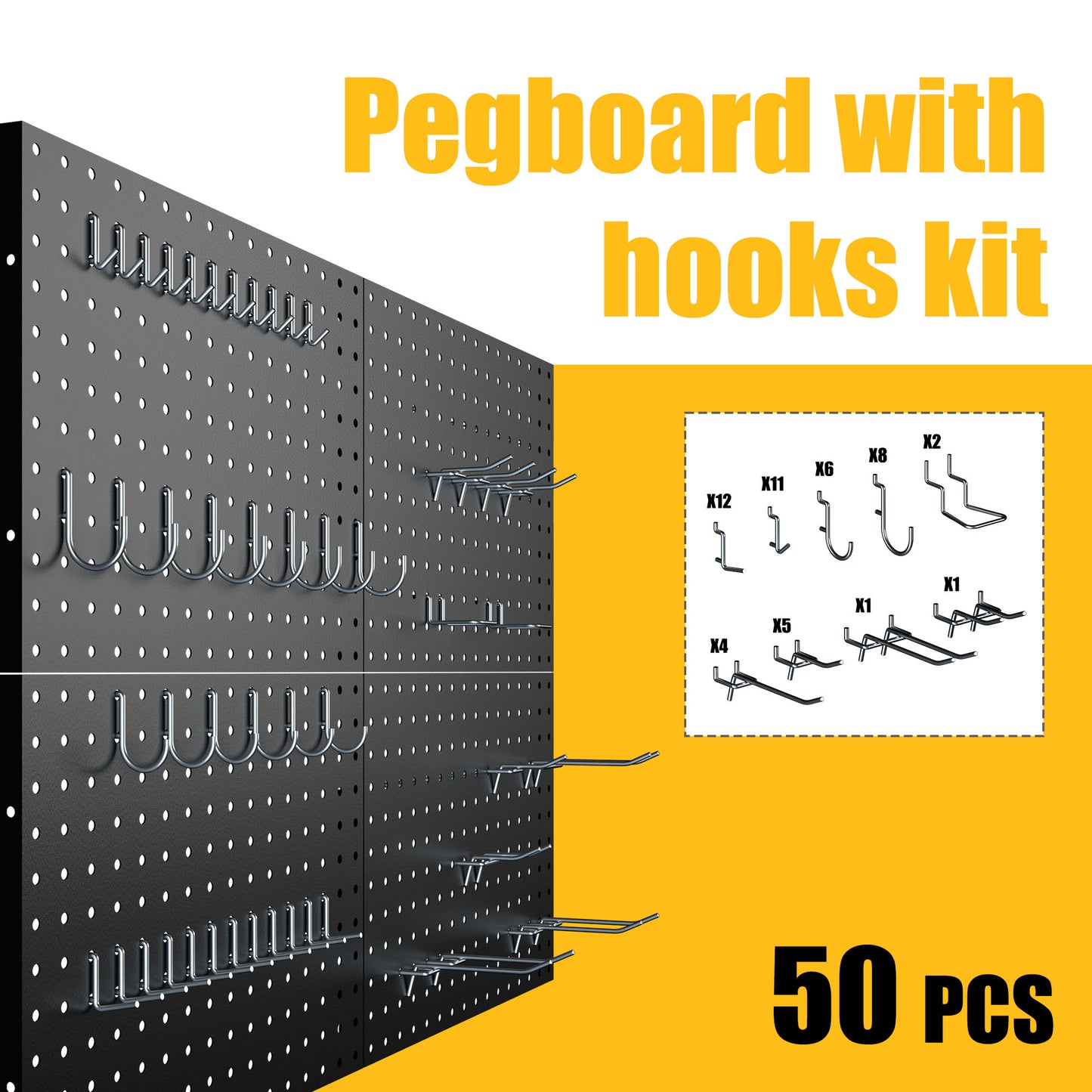 4 Pack Metal Pegboard Panels with 50 Hooks