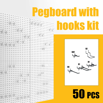 Amoowis Peg Board, 8 Pack White Metal Pegboard Panels with 50 Hooks
