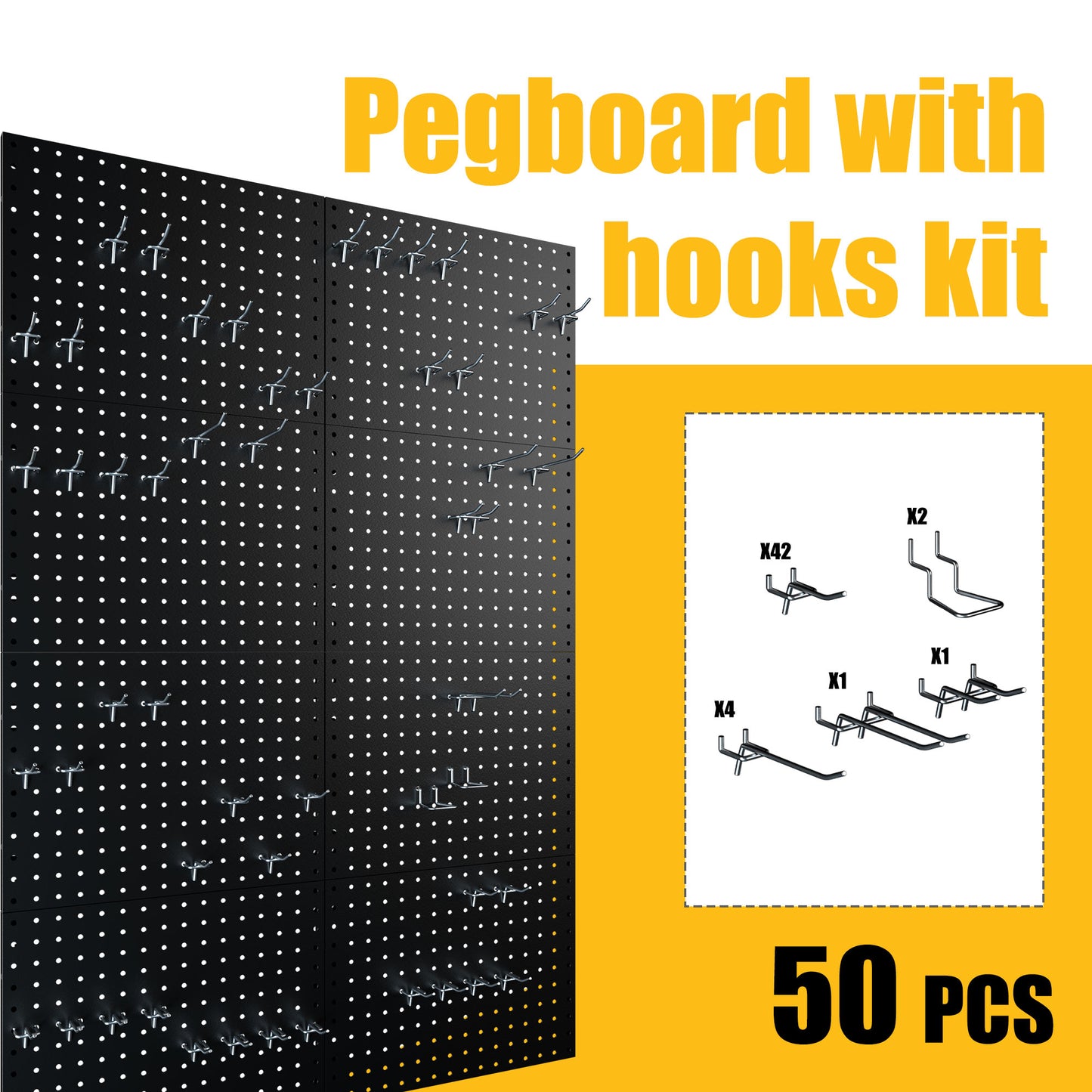 8Pack Metal Pegboard Panels with 50 Hooks