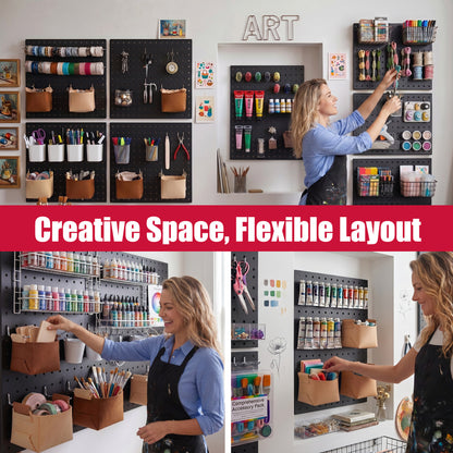 Amoowis Peg Board, 8 Pack Metal Pegboard Wall Organizer with Accessories(Black)