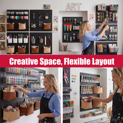Amoowis Peg Board, 4 Pack Metal Pegboard Wall Organizer with Accessories(Black)
