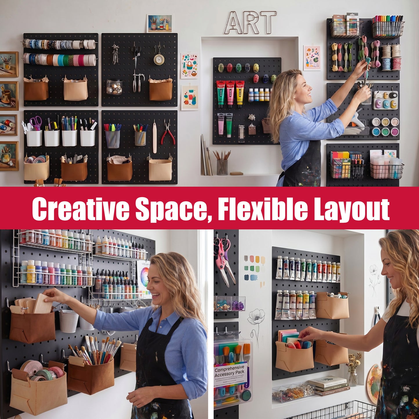 6 Pack Metal Pegboard Panels with 50 Hooks（Black）