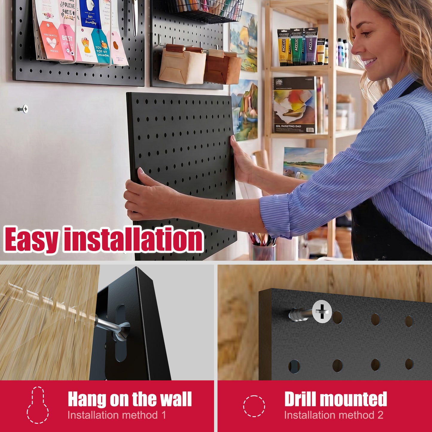 4 Pack Metal Pegboard Panels with 50 Hooks（Black）