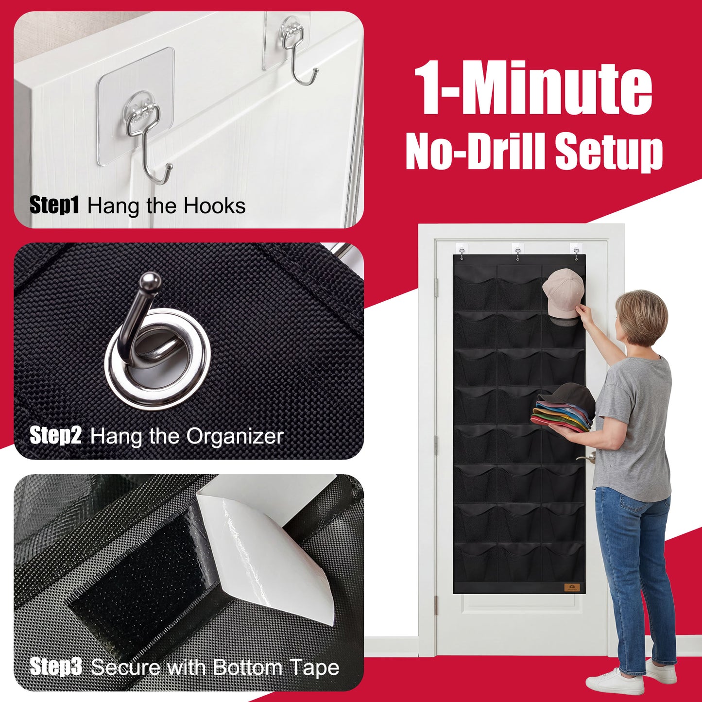 Hat Organizer for Baseball Caps, 24 Deep Pockets Hat Rack